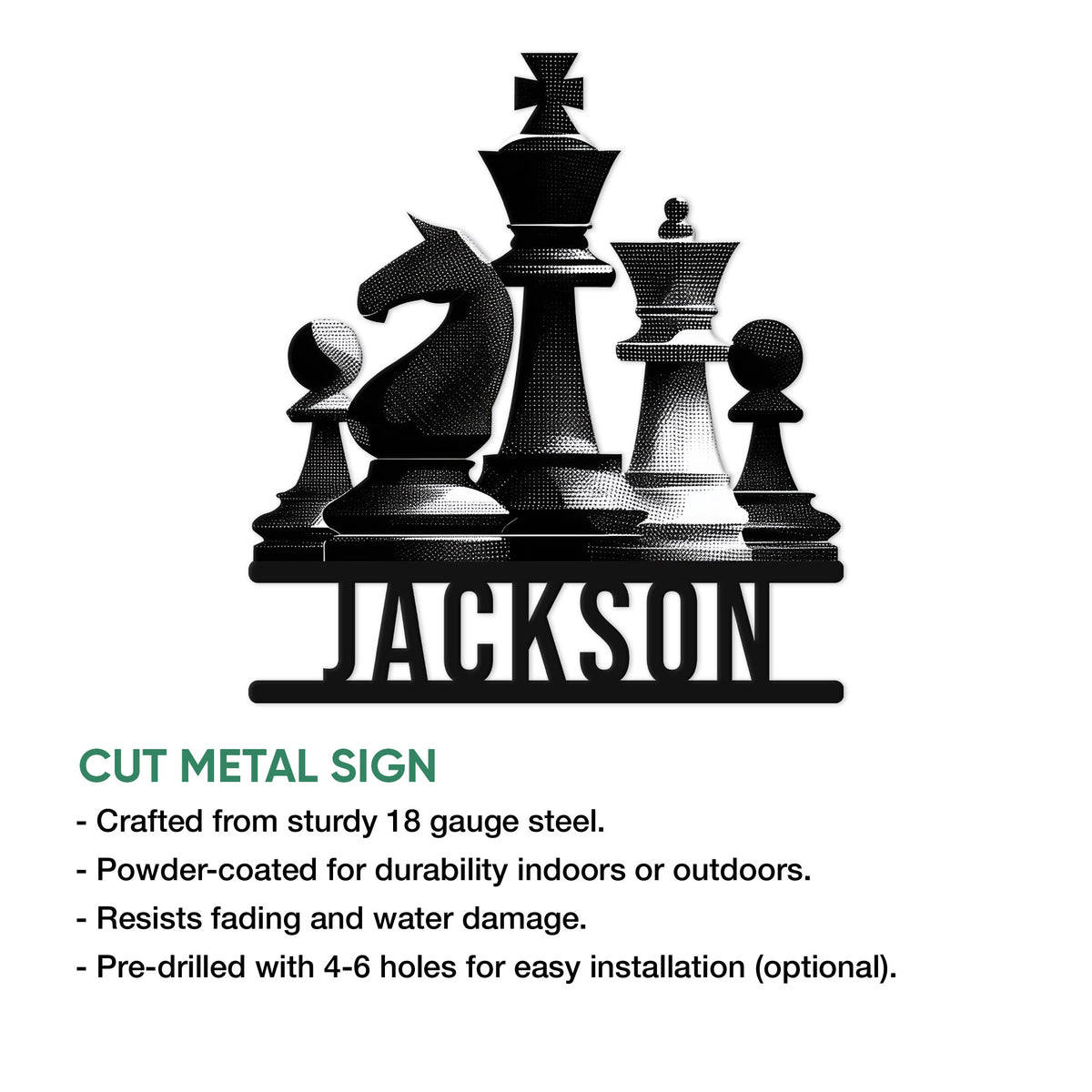 Chess metal sign product infographic showing the cut-steel chess piece design and installation features