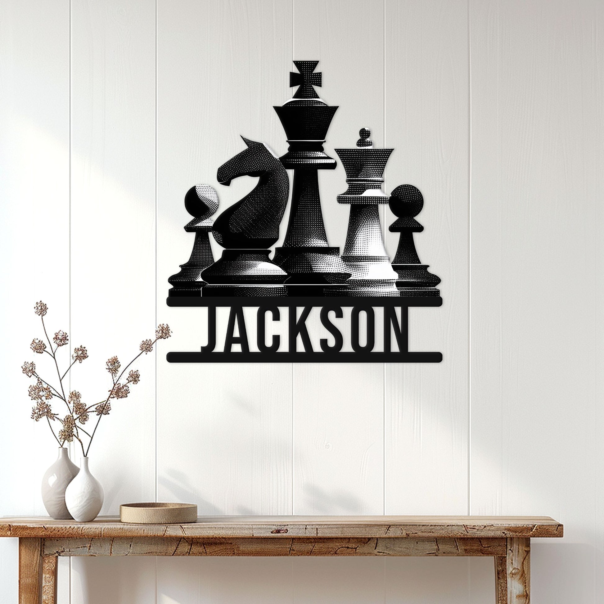Chess wall decor displayed above a console table, featuring a dramatic arrangement of classic chess pieces