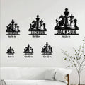 Chess metal sign size guide displaying six available square sizes from 8 by 8 to 24 by 24 inches