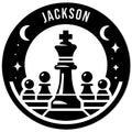 Round chess metal sign featuring a central king, surrounding pawns, crescent moons, and stars