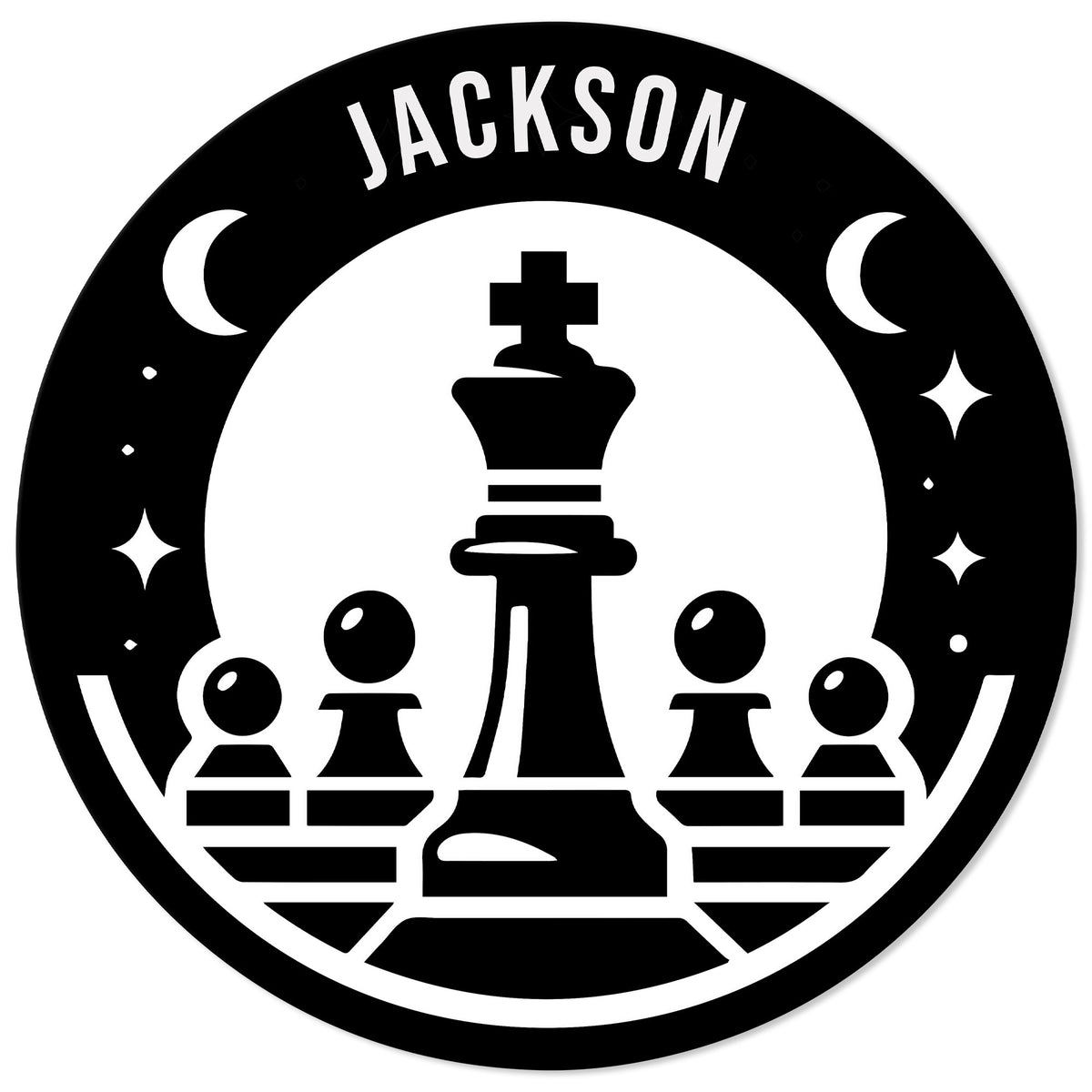 Round chess metal sign featuring a central king, surrounding pawns, crescent moons, and stars