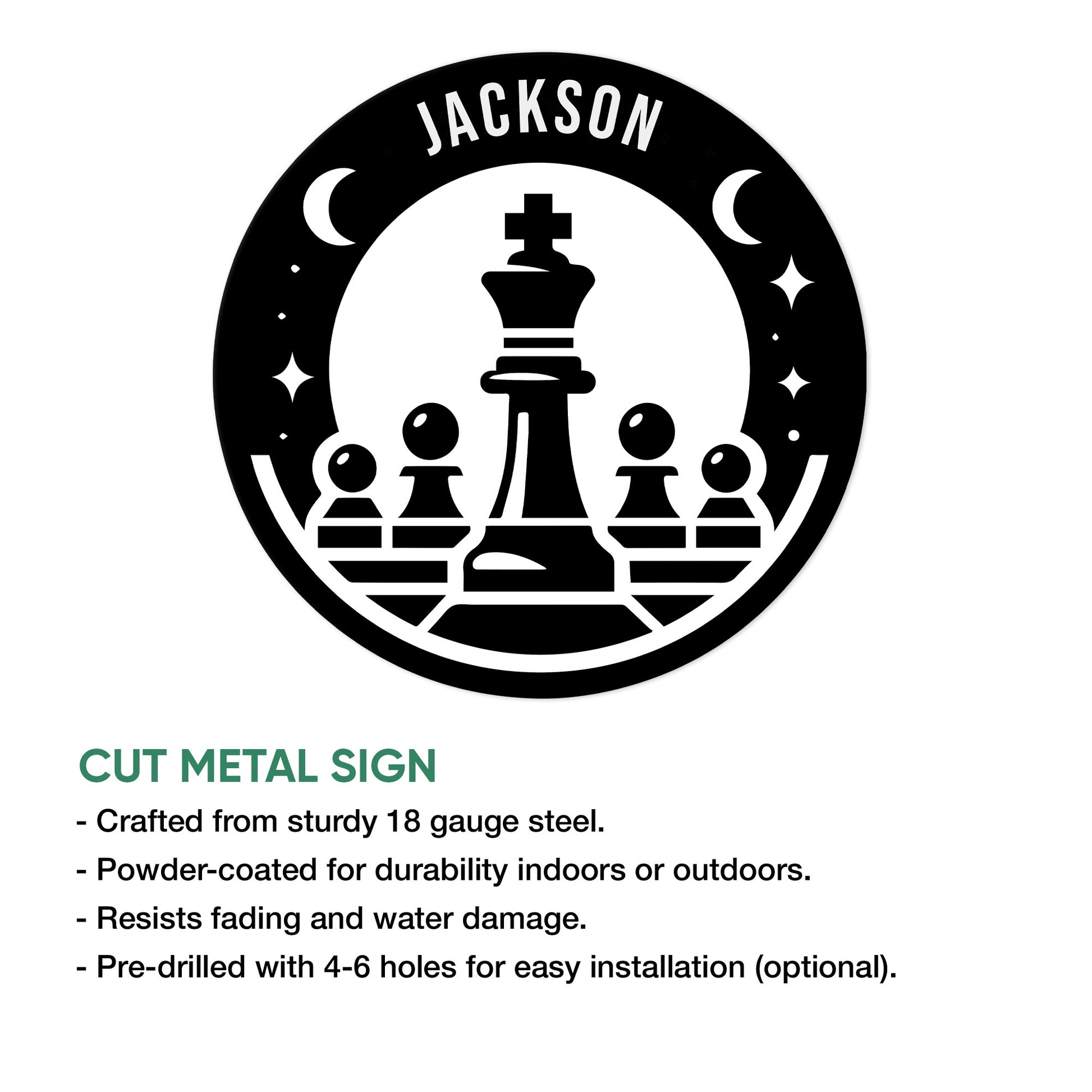 Black and white cut metal chess sign with a king and pawns in a celestial circular design