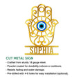 Evil Eye Hamsa metal sign shown with cut metal sign features and decorative artwork