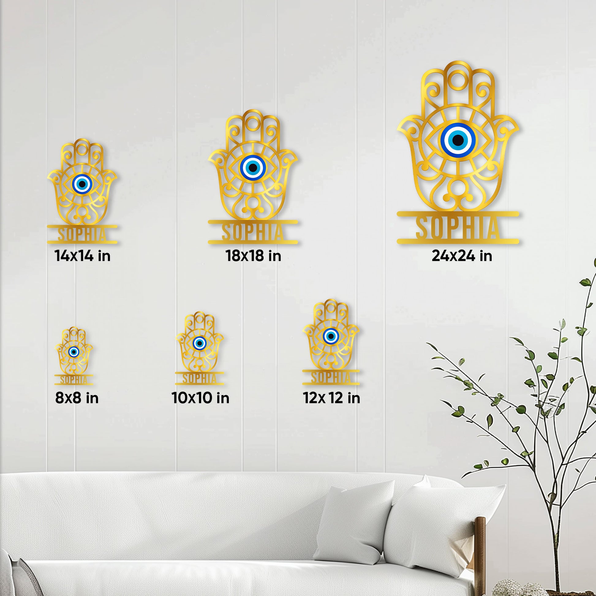 Evil Eye Hamsa wall sign size guide showing six available square size options