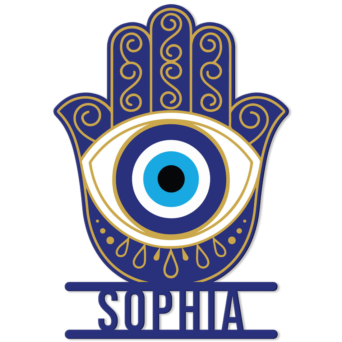 Blue and gold Evil Eye Hamsa hand metal sign with ornate scrollwork and a bold protective eye design