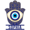 Blue and gold Evil Eye Hamsa hand metal sign with ornate scrollwork and a bold protective eye design