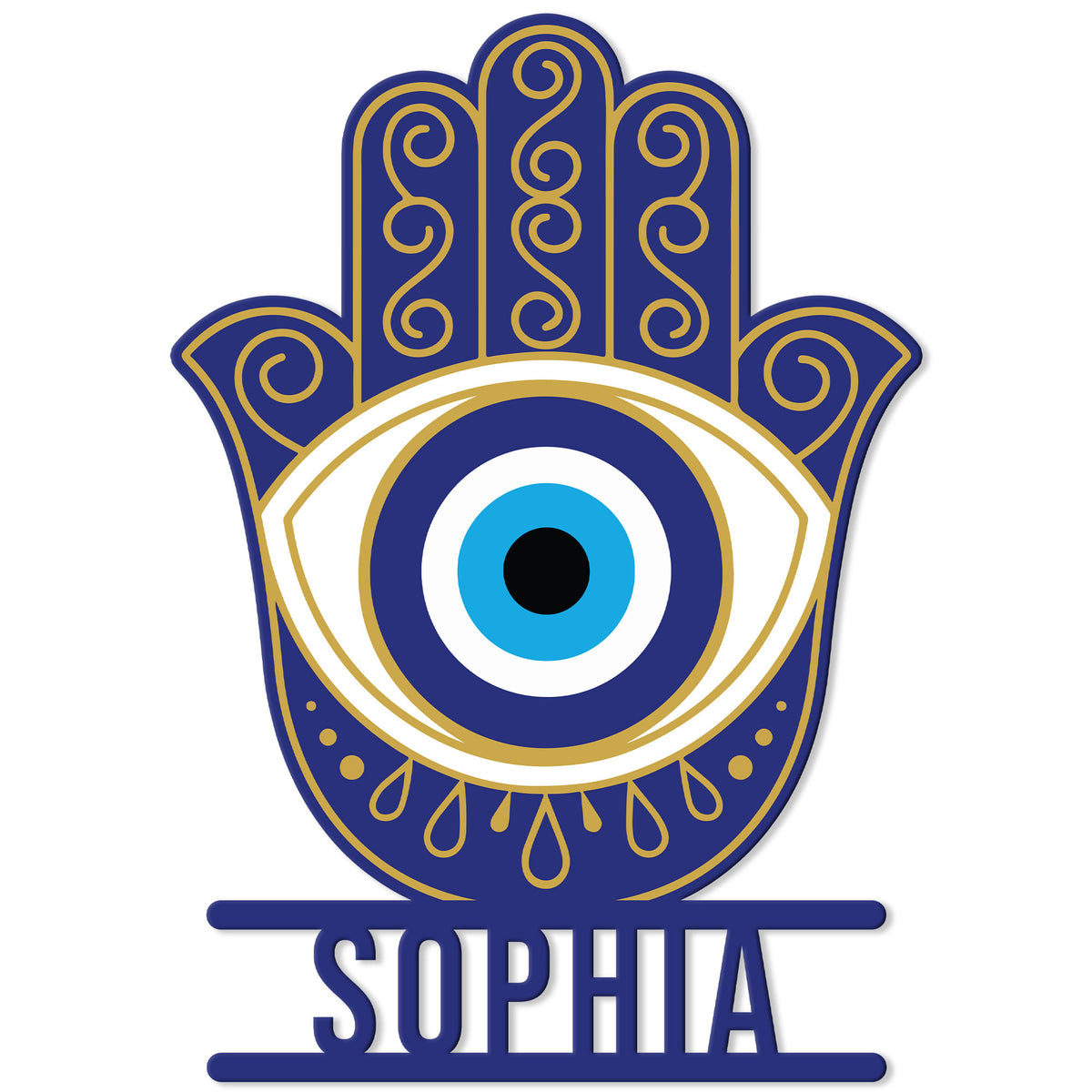 Blue and gold Evil Eye Hamsa hand metal sign with ornate scrollwork and a bold protective eye design