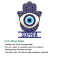 Evil Eye Hamsa metal sign feature graphic showing the blue and gold hand design and product highlights