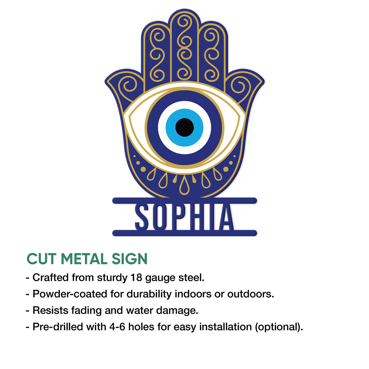 Evil Eye Hamsa metal sign feature graphic showing the blue and gold hand design and product highlights