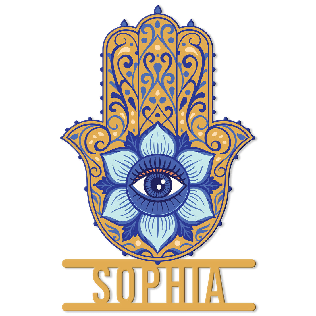 Ornate blue and gold Hamsa hand metal sign featuring a central evil eye and lotus flower design