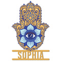 Ornate blue and gold Hamsa hand metal sign featuring a central evil eye and lotus flower design