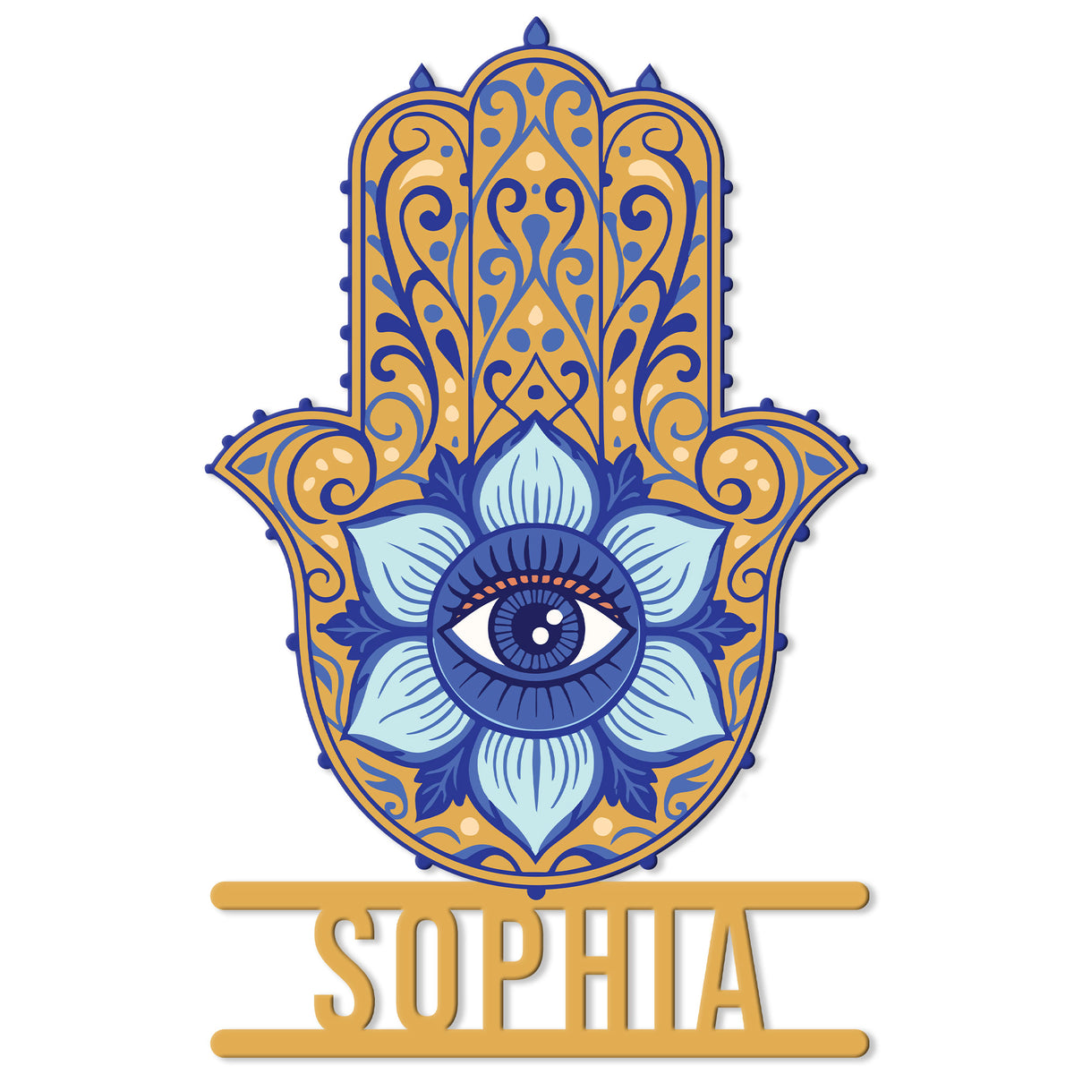 Ornate blue and gold Hamsa hand metal sign featuring a central evil eye and lotus flower design