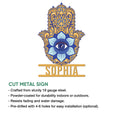 Evil eye Hamsa hand metal sign shown with product feature information and installation details