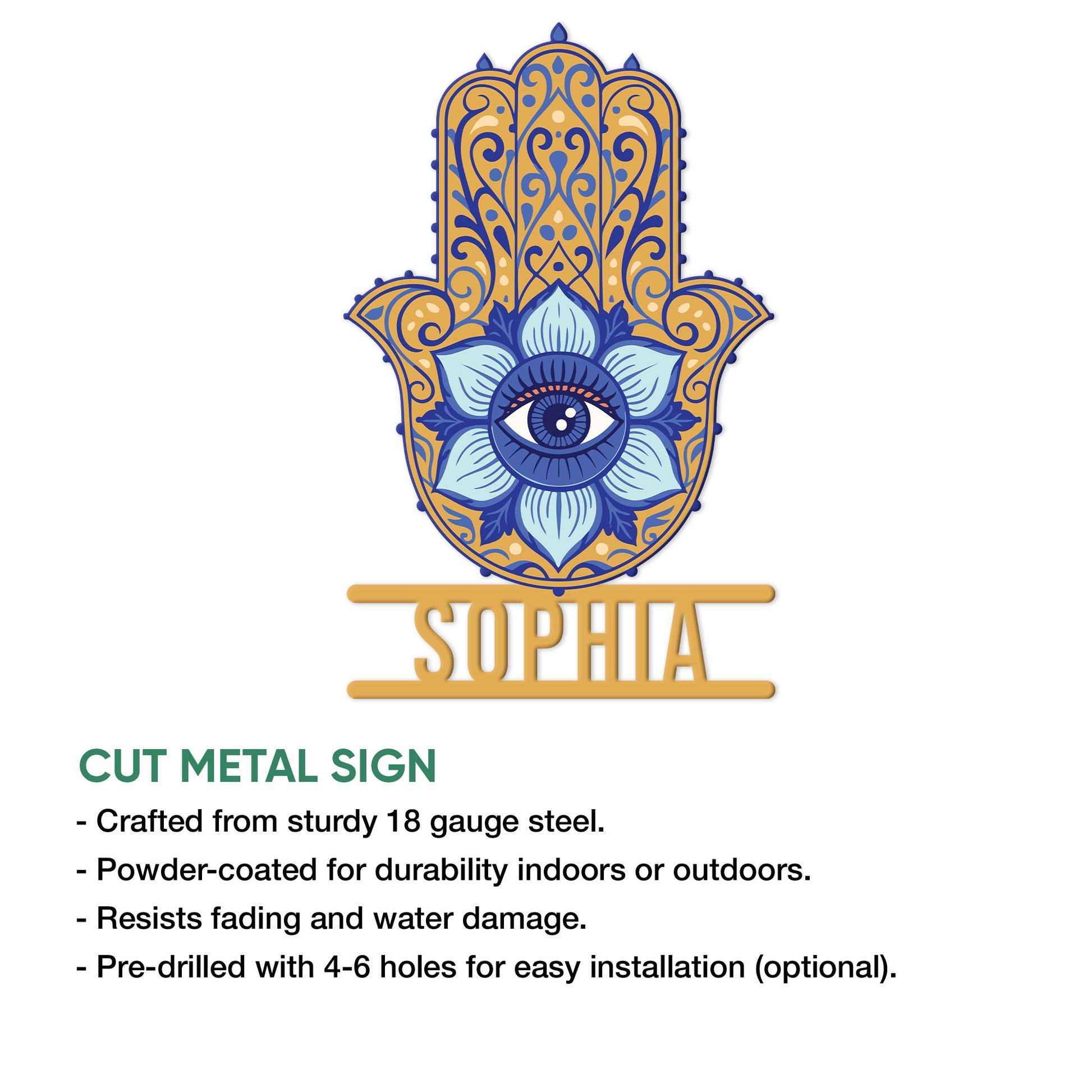 Evil eye Hamsa hand metal sign shown with product feature information and installation details