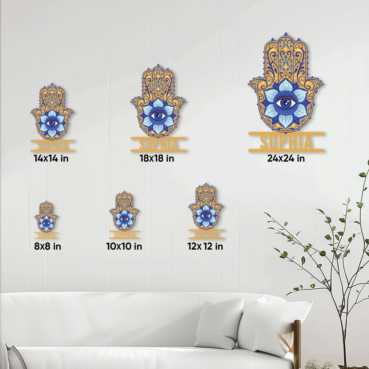 Hamsa evil eye metal sign shown in multiple size options on a light living room wall