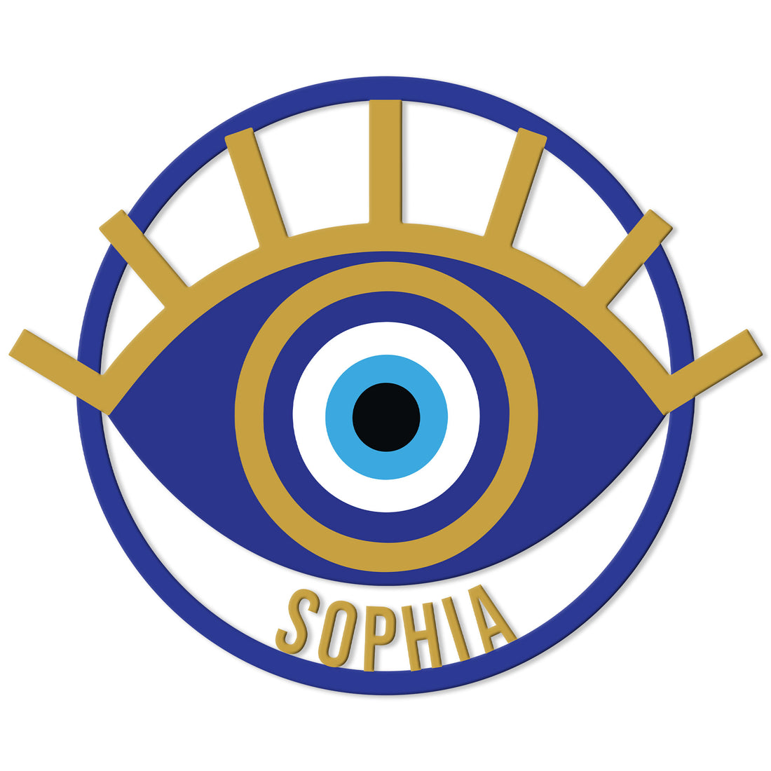 Blue and gold evil eye metal sign with a crowned eye motif and circular border