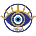 Blue and gold evil eye metal sign with a crowned eye motif and circular border