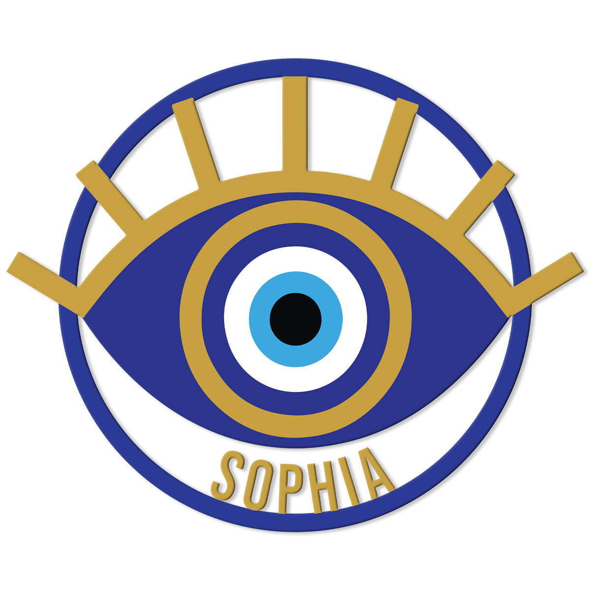Blue and gold evil eye metal sign with a crowned eye motif and circular border
