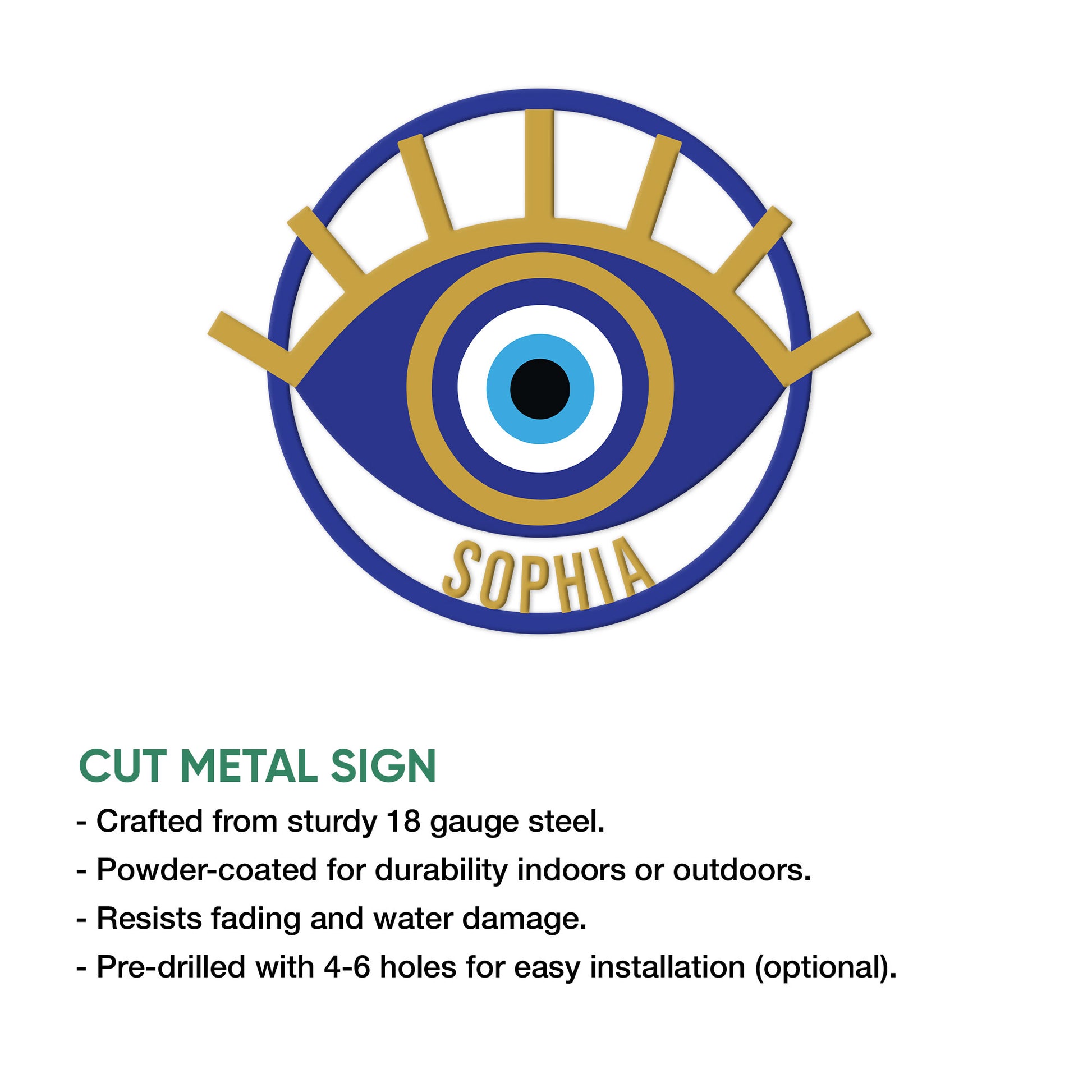 Evil eye metal sign product infographic showing the blue and gold crowned eye design
