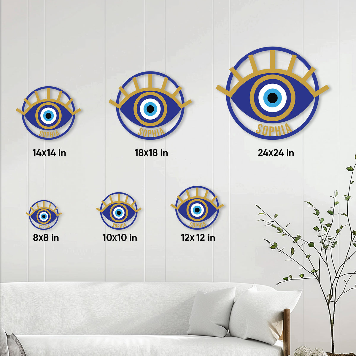 Evil eye metal wall sign shown in multiple size options above a living room sofa