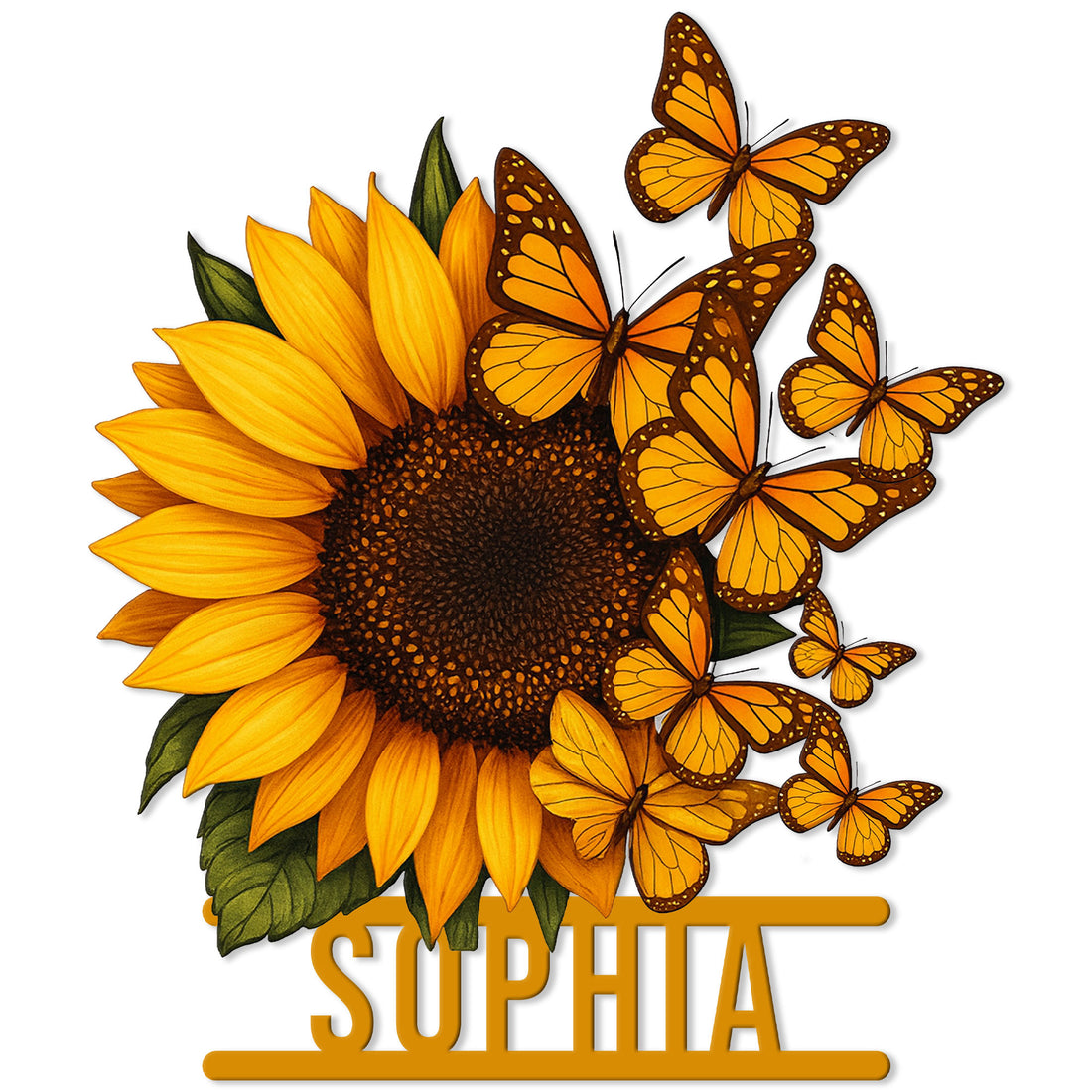 Sunflower metal sign featuring bright golden petals, green leaves, and orange butterflies