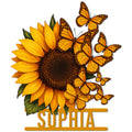 Sunflower metal sign featuring bright golden petals, green leaves, and orange butterflies
