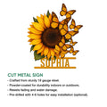Sunflower butterfly metal sign shown with product features for indoor or outdoor display