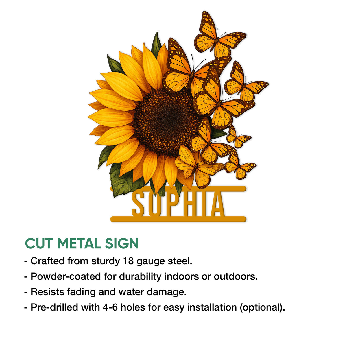 Sunflower butterfly metal sign shown with product features for indoor or outdoor display