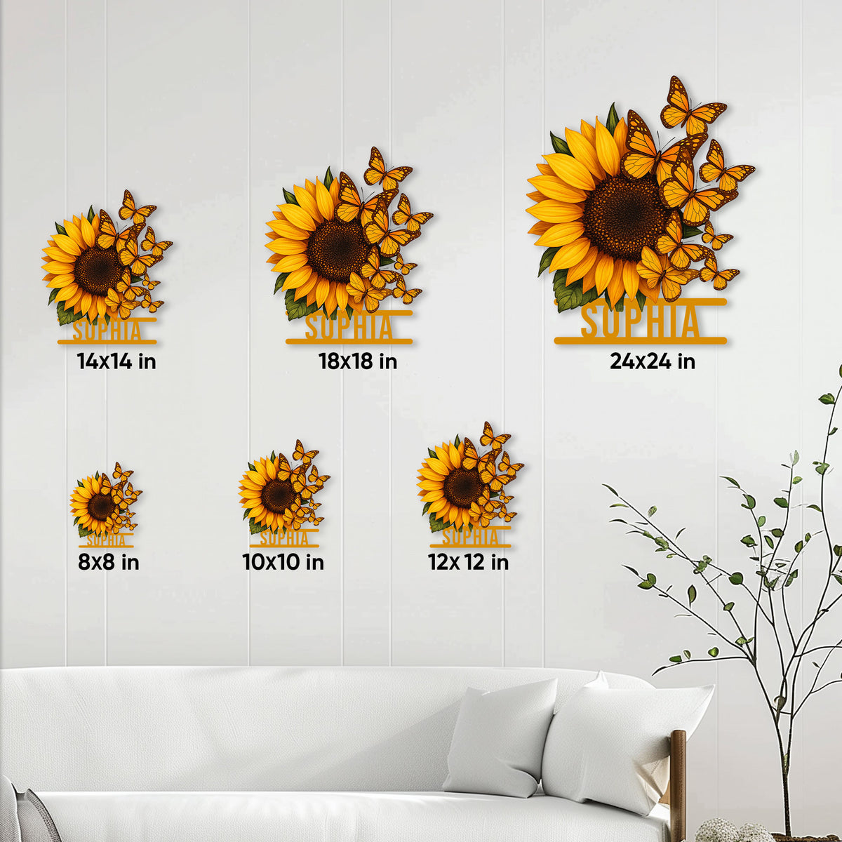 Sunflower butterfly metal sign size guide showing available sizes from 8 by 8 to 24 by 24 inches