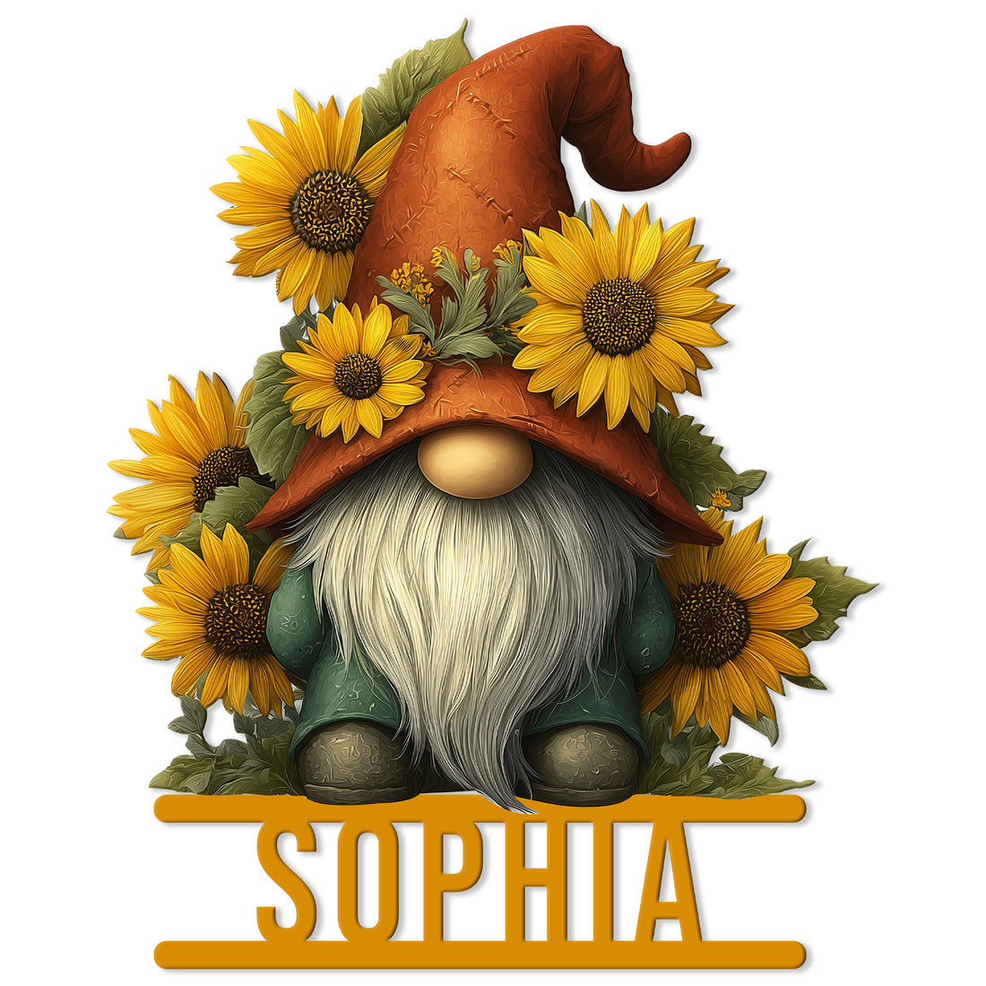 Sunflower gnome metal sign featuring a bearded garden gnome surrounded by bright yellow sunflowers