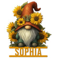 Sunflower gnome metal sign featuring a bearded garden gnome surrounded by bright yellow sunflowers
