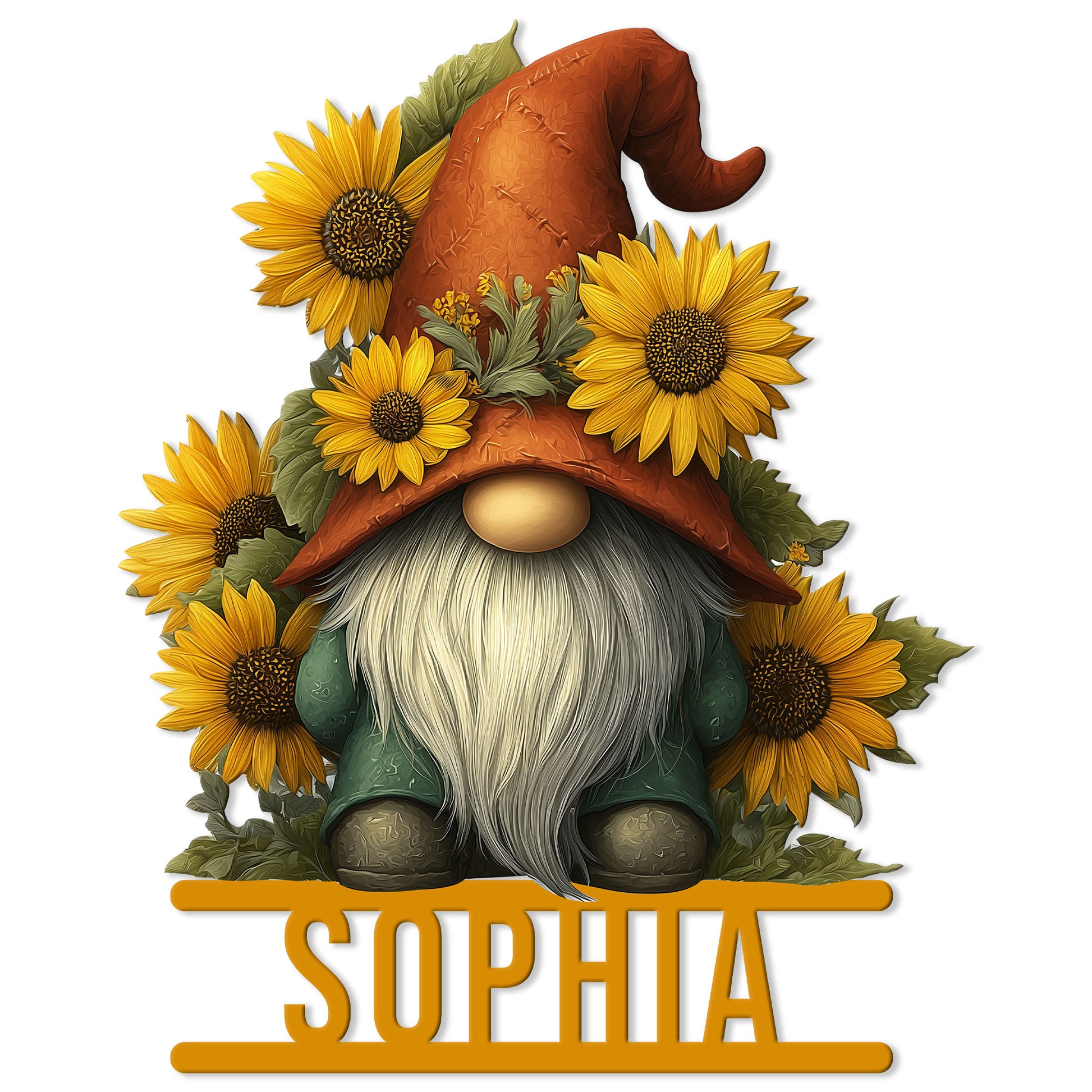 Sunflower gnome metal sign featuring a bearded garden gnome surrounded by bright yellow sunflowers