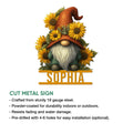Sunflower gnome cut metal sign shown in a product feature information graphic