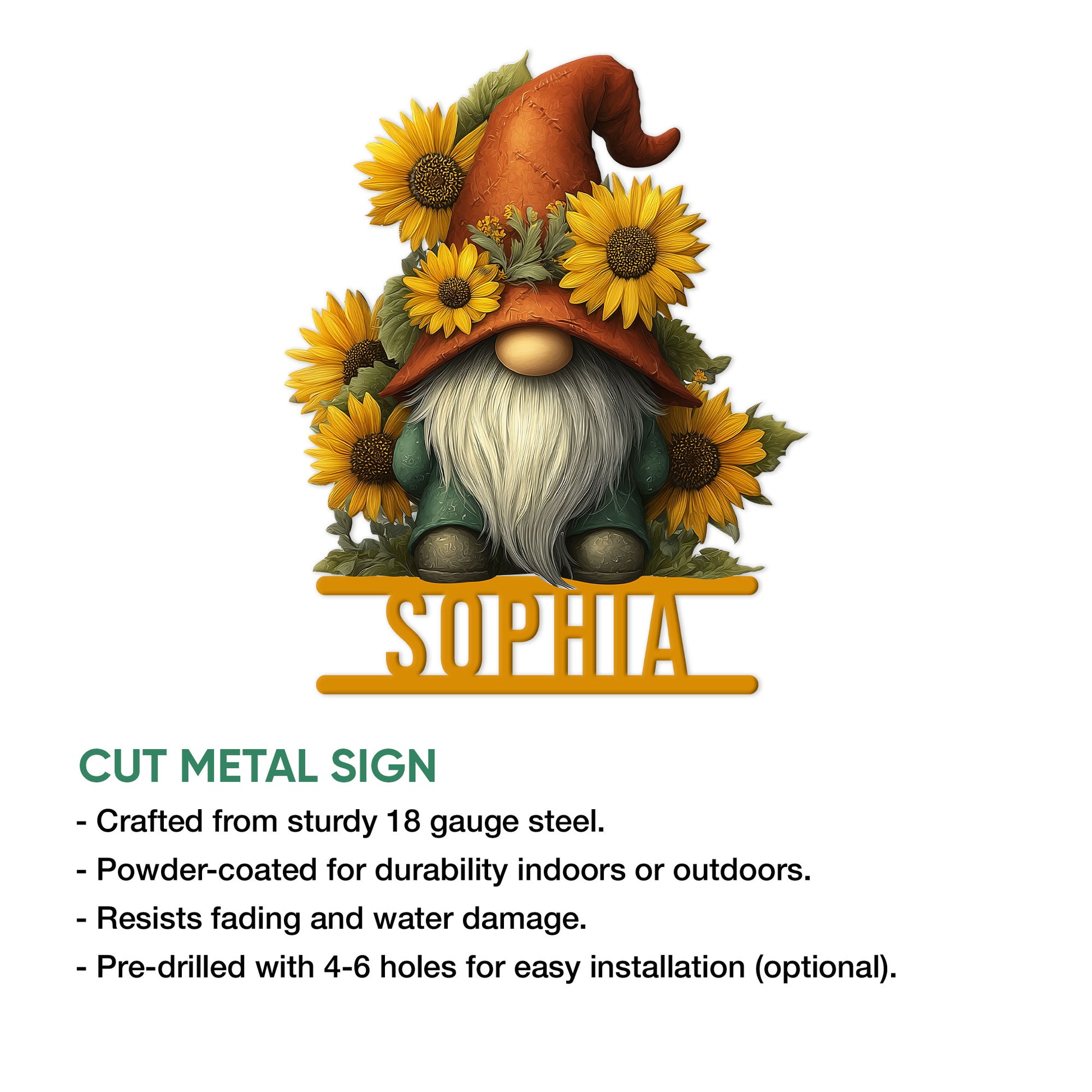 Sunflower gnome cut metal sign shown in a product feature information graphic