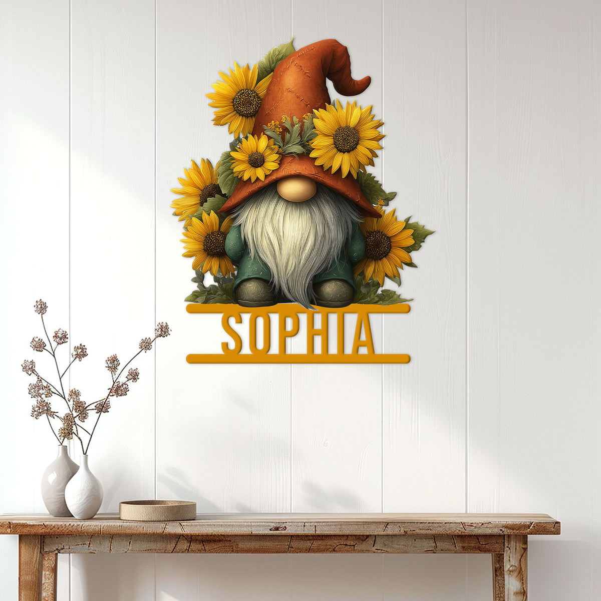 Sunflower gnome metal wall sign displayed on a bright farmhouse-style entryway wall