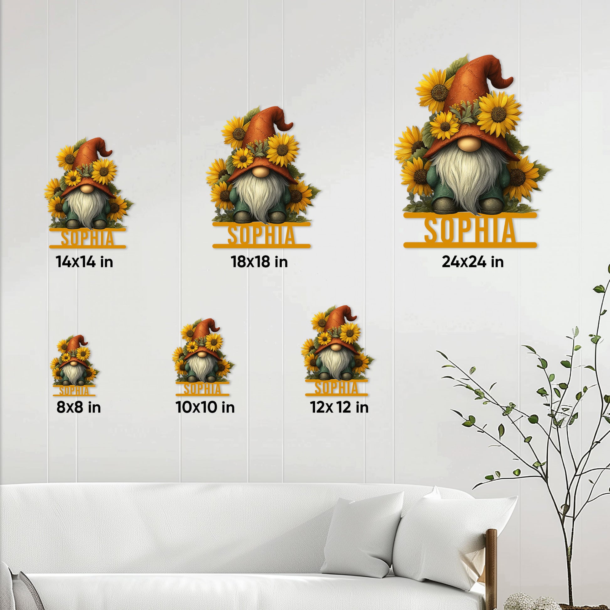 Sunflower gnome metal sign size guide showing six available square sign sizes