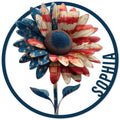 Patriotic sunflower metal sign featuring red, white, and blue petals with stars inside a circular frame