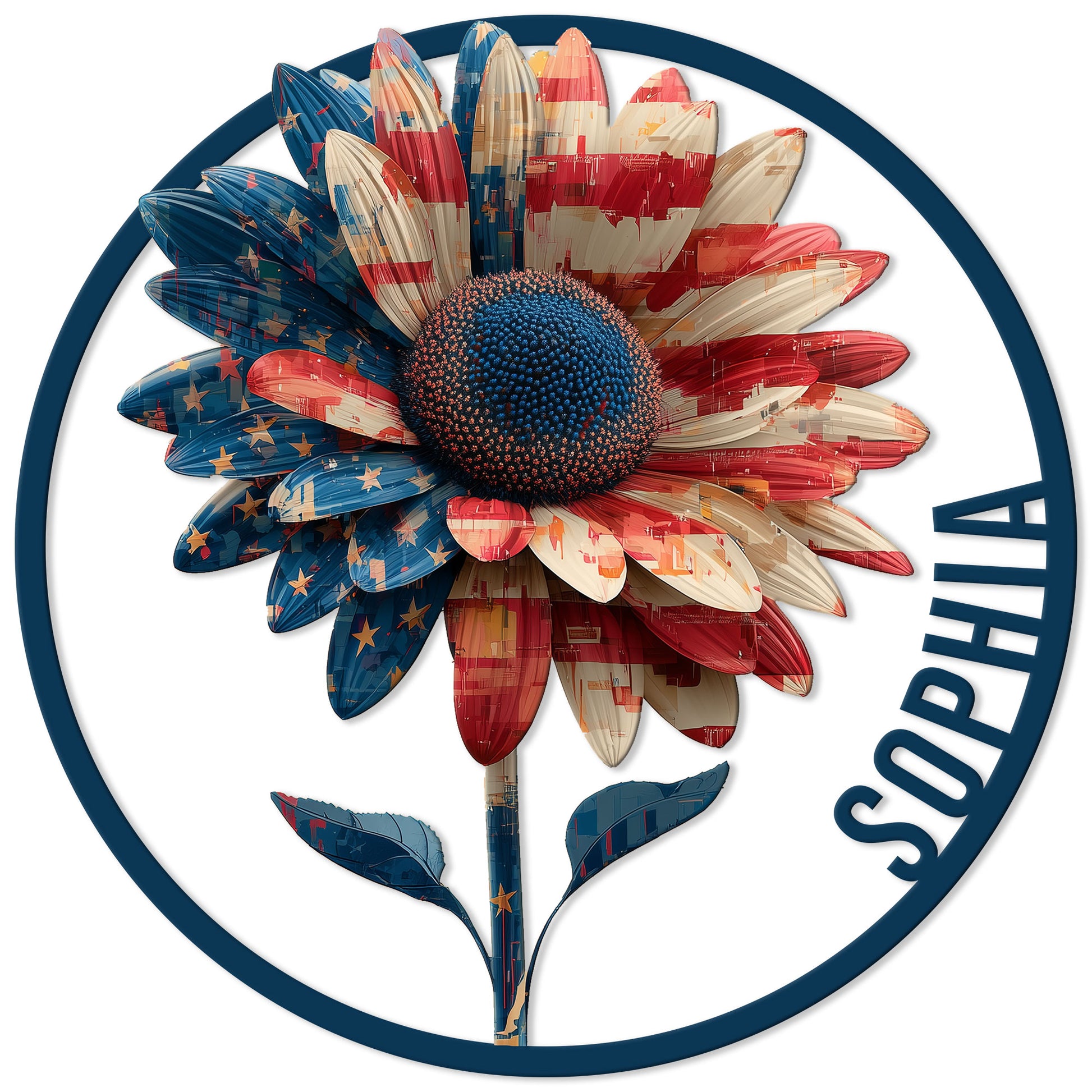Patriotic sunflower metal sign featuring red, white, and blue petals with stars inside a circular frame