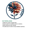 Patriotic sunflower cut metal sign shown with product features and available size options