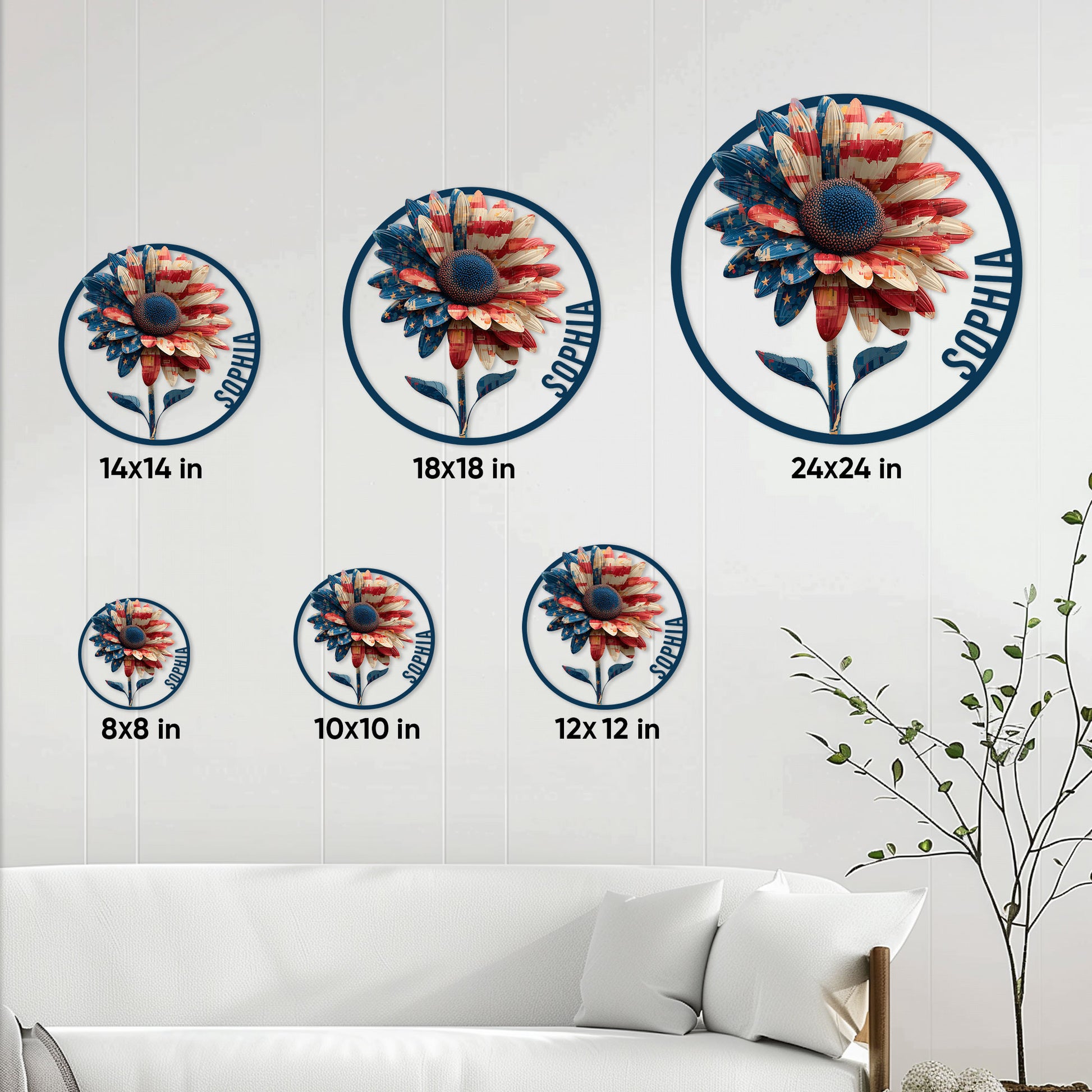 Patriotic sunflower metal sign size guide showing options from 8 by 8 to 24 by 24 inches