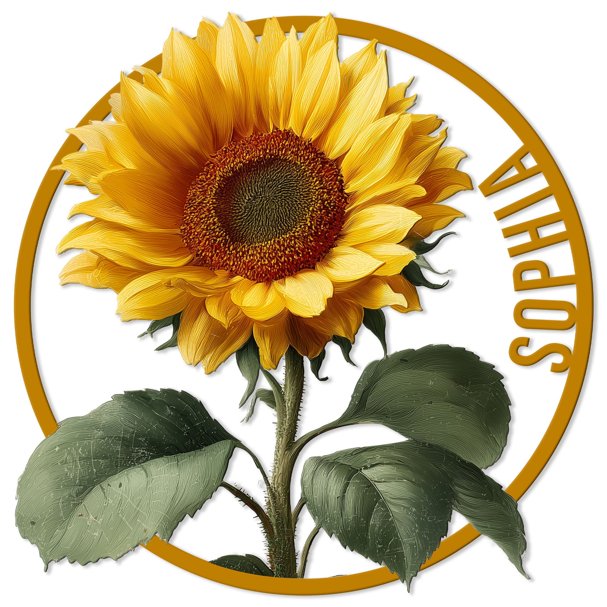 Detailed sunflower metal sign featuring a bright golden bloom, green leaves, and a circular frame