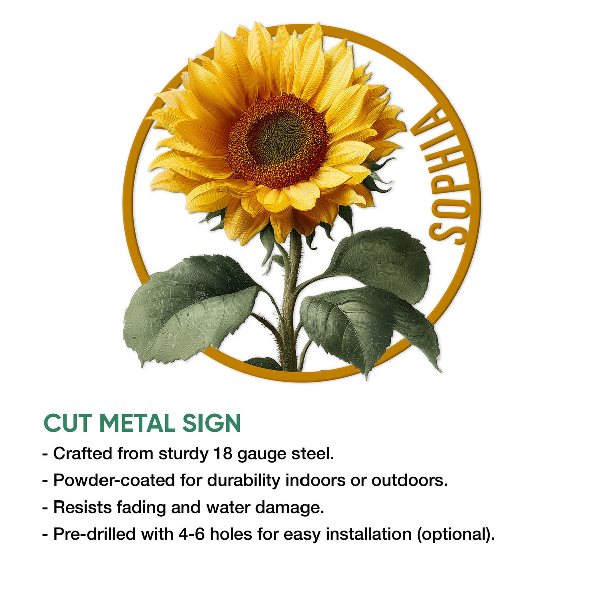 Sunflower cut metal sign product graphic showing the floral artwork and available sign construction details