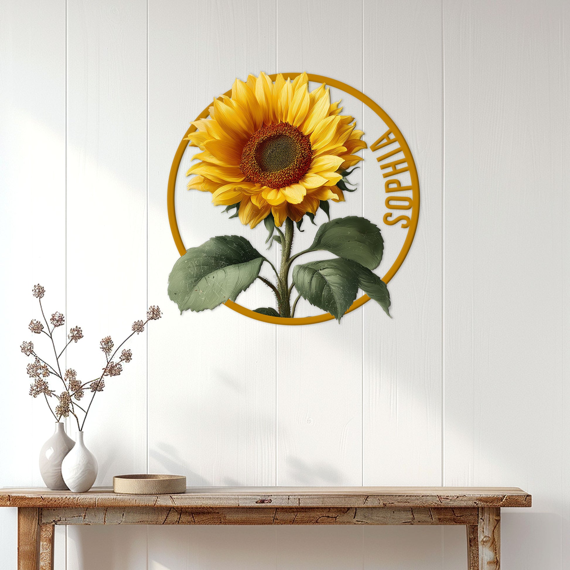 Sunflower metal wall sign displayed on a white paneled wall above a rustic console table