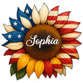 Custom patriotic sunflower metal sign with red, white, and blue flag-inspired petals
