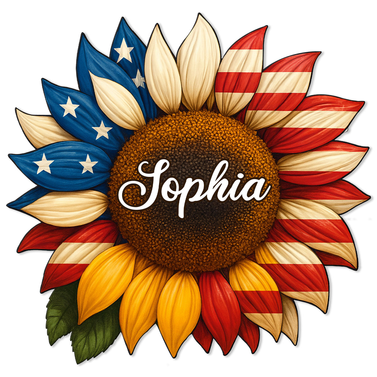 Custom patriotic sunflower metal sign with red, white, and blue flag-inspired petals