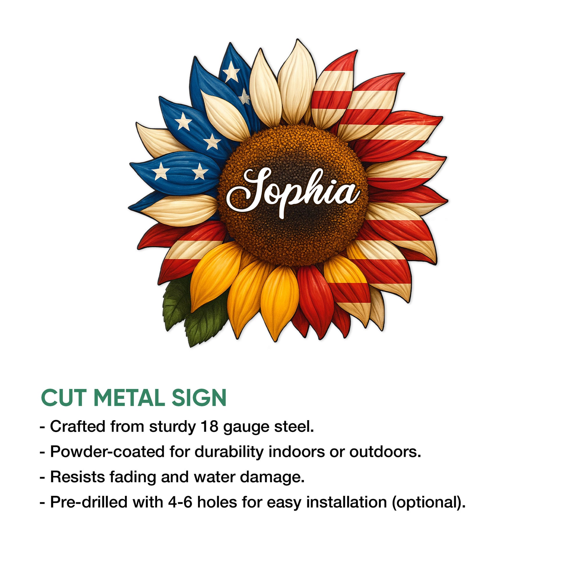 Patriotic sunflower metal sign shown with product feature details and available size options