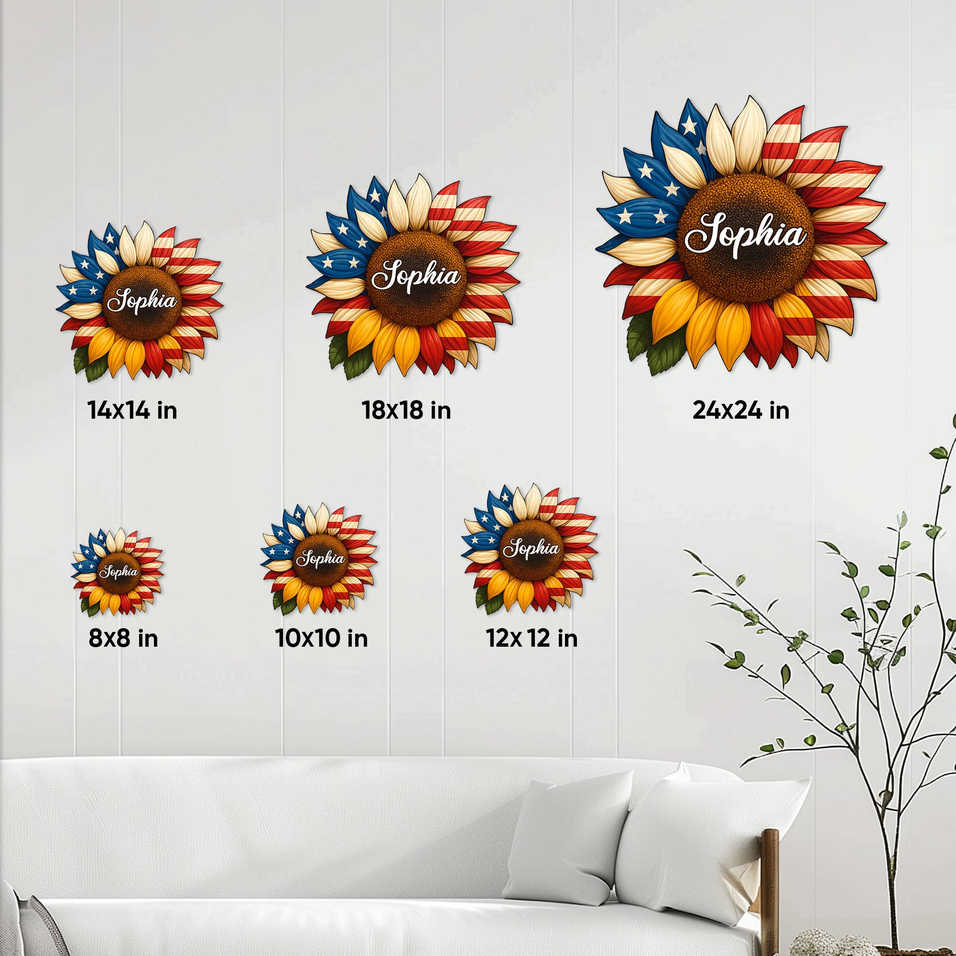 Patriotic sunflower metal sign size guide showing six available square size options