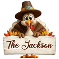 Thanksgiving metal sign featuring a cheerful turkey in a pilgrim hat above an autumn leaf border