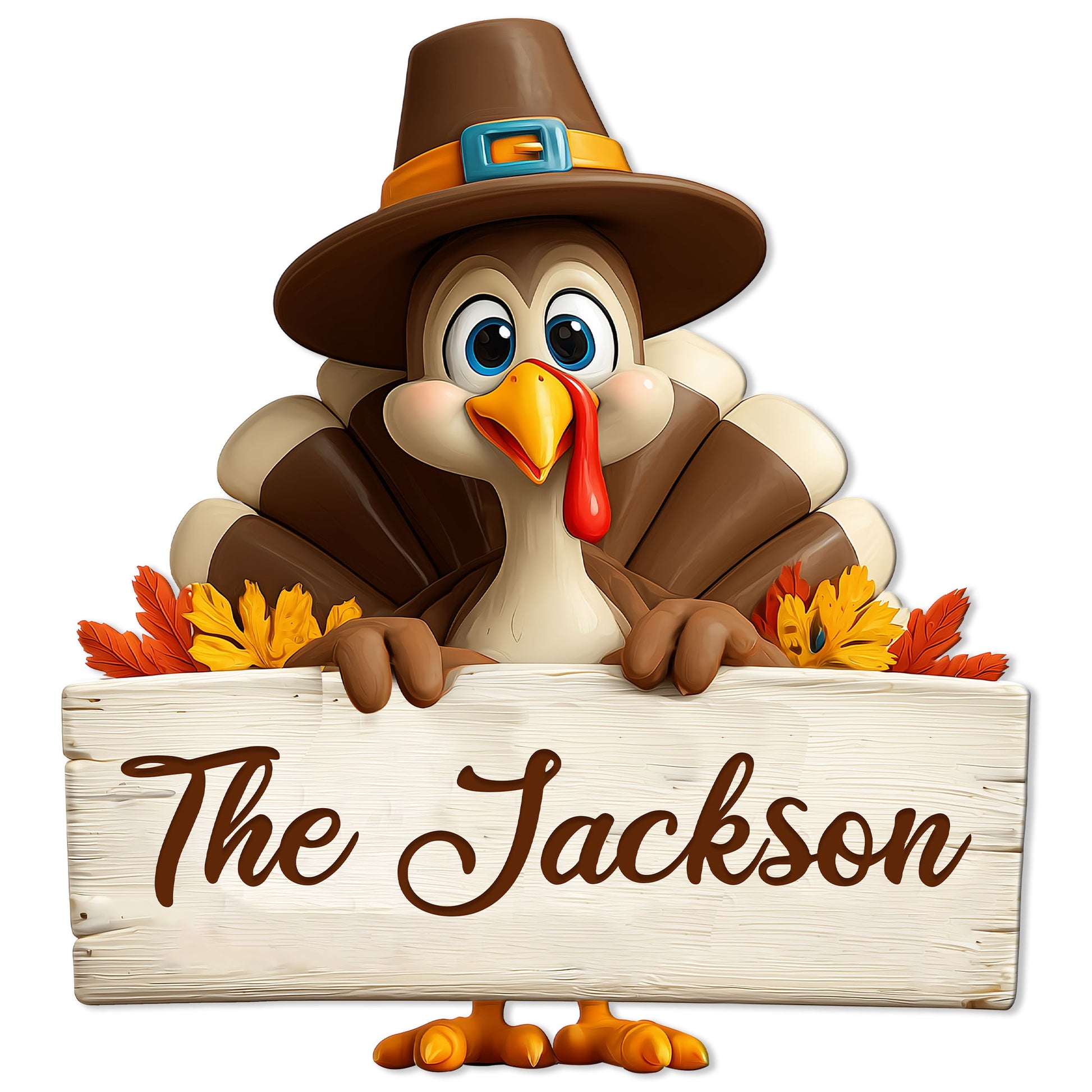 Thanksgiving metal sign featuring a cheerful turkey in a pilgrim hat above an autumn leaf border