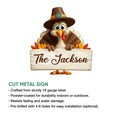 Thanksgiving turkey metal sign shown with product feature information and a rustic family-style design
